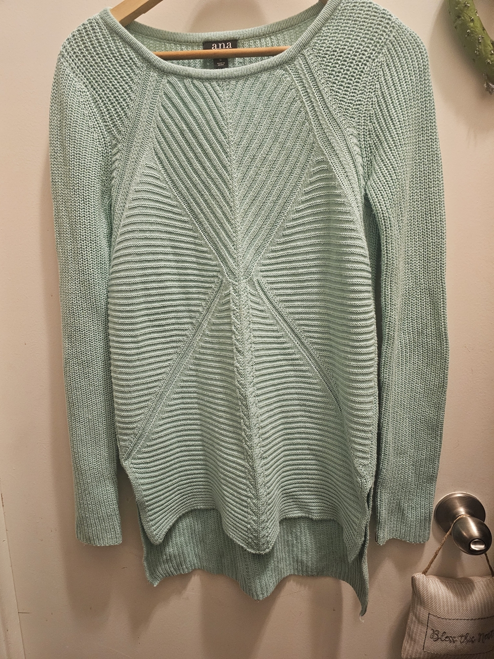 A.N.A. Mint Green Cable Knit Tunic Sweater High Low Side Slit SM Indicore Fairyc